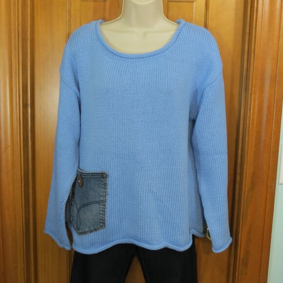 Shannon Passero Blue Marion Pullover Sweater 100% Cotton Denim Pocket Large - Picture 2 of 13